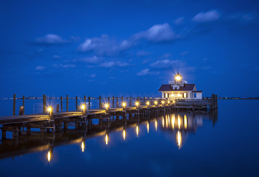 Roanoke Marshes Lighthouse Manteo NC - Blue Hour Reflections Photograph by Dave Allen