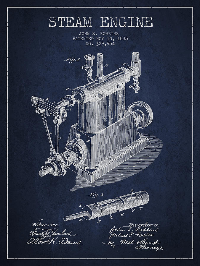 Vintage Digital Art - Robbins Steam Engine Patent Drawing From 1885 - Navy Blue by Aged Pixel