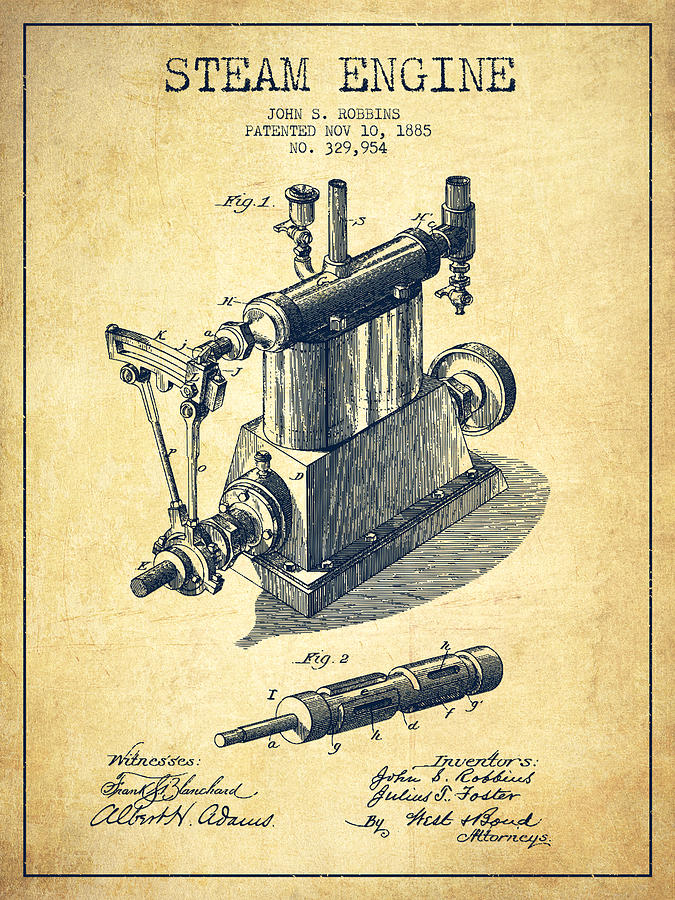 Vintage Digital Art - Robbins Steam Engine Patent Drawing From 1885 - Vintage by Aged Pixel