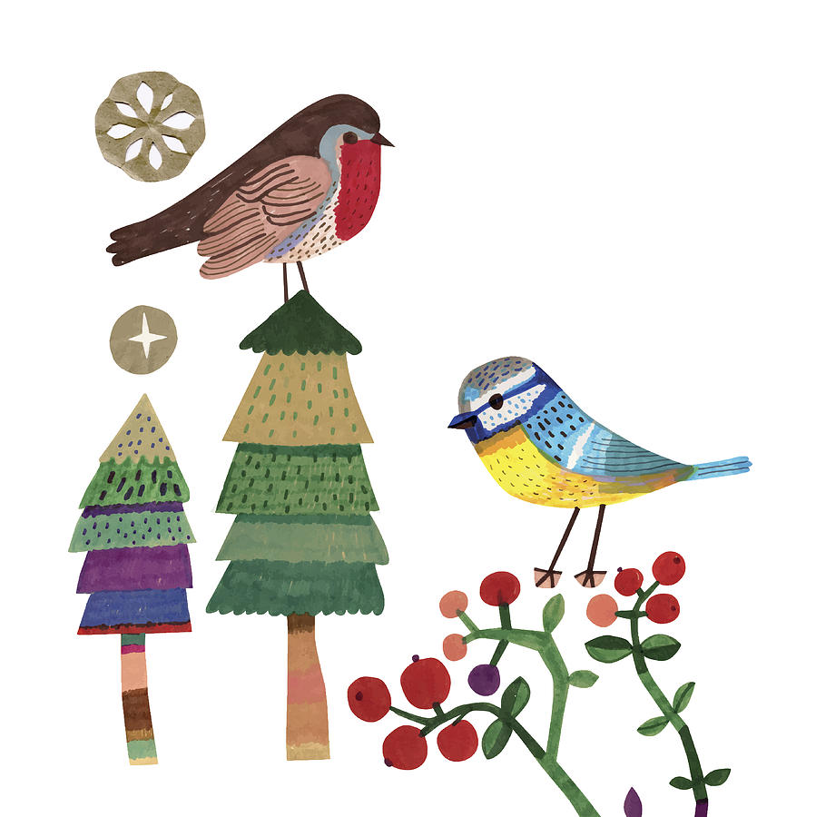 Robin and Bluetit on Christmas trees and Cranberry plants Drawing by Beastfromeast