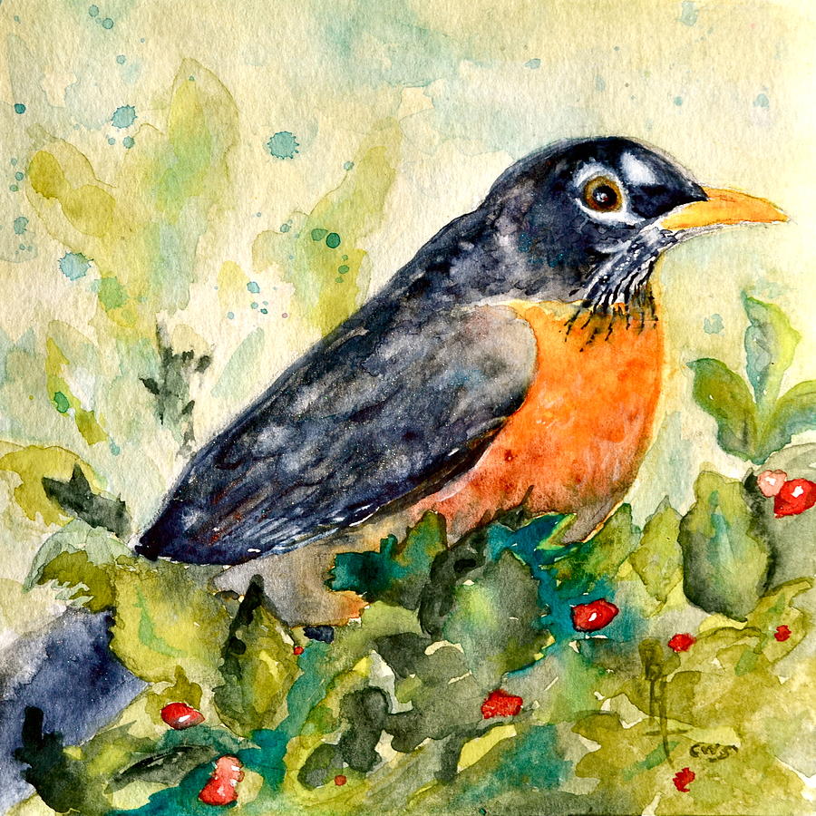 Robin in the Holly Painting by Beverley Harper Tinsley