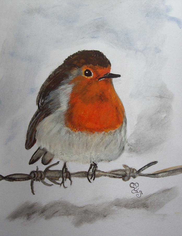 Robin on the wire Painting by Carole Robins
