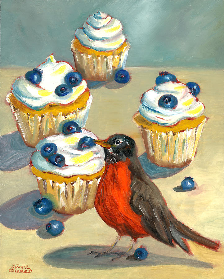 Robin with Blueberry Cupcakes Painting by Susan Thomas