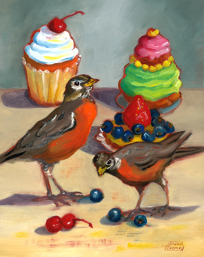 Blueberry Painting - Robins and Desserts by Susan Thomas