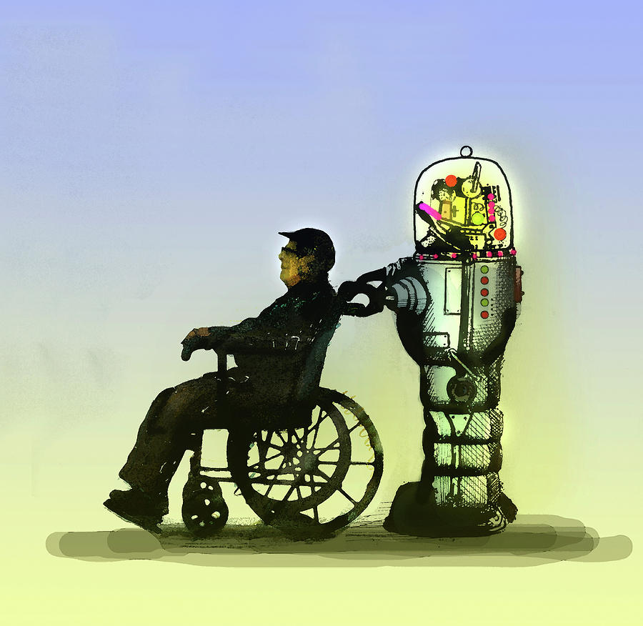 Robot Pushing Elderly Man In Wheelchair Photograph by Ikon Images