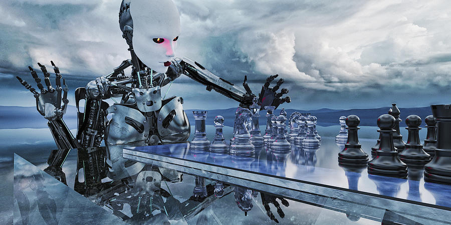 Robot woman playing chess in clouds Photograph by Donald Iain Smith