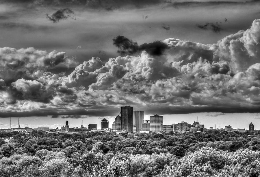 Rochester NY Skyline in black and white Photograph by Tim Buisman