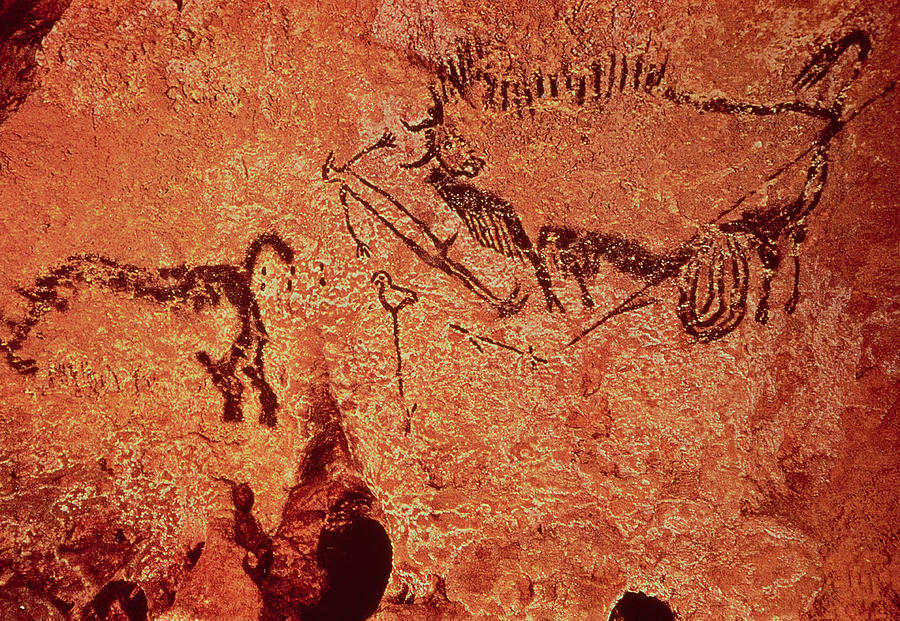 Prehistoric Photograph - Rock Painting Of A Hunting Scene, C.17000 Bc Cave Painting by Prehistoric