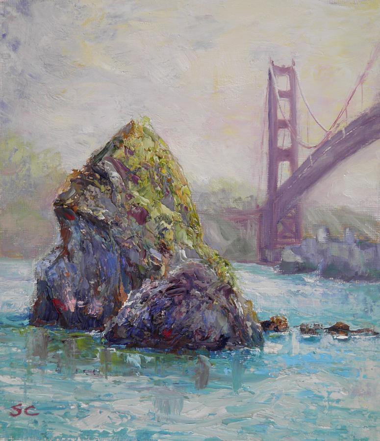 Rock with Golden Gate Bridge CA Painting by Sharon Casavant