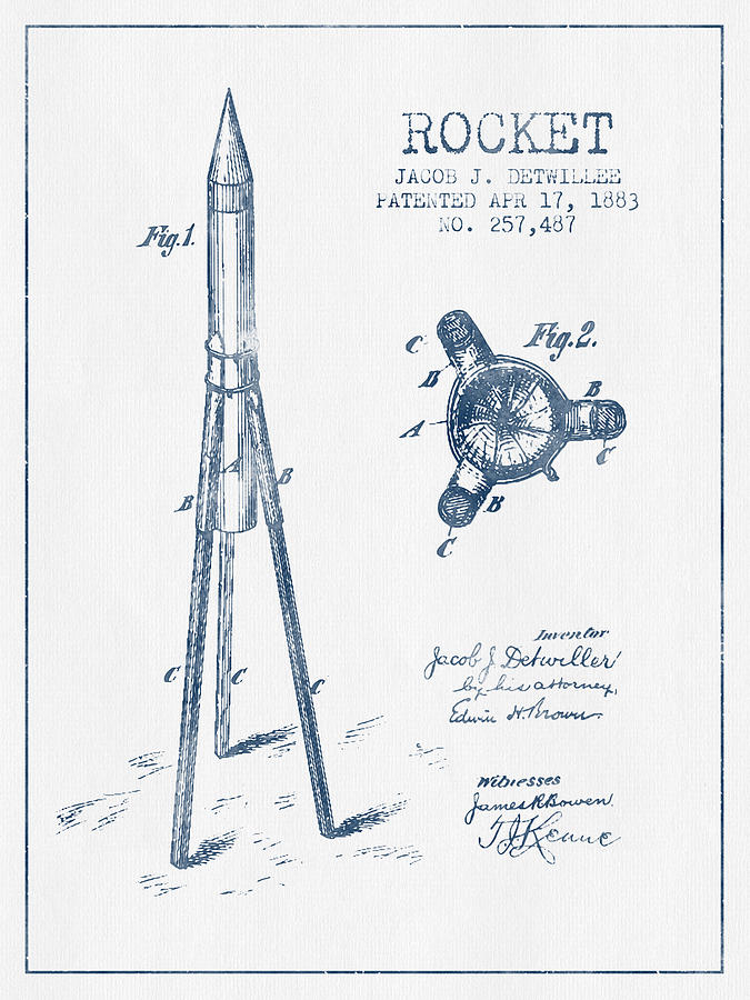 Space Digital Art - Rocket Patent Drawing From 1883 - Blue Ink by Aged Pixel