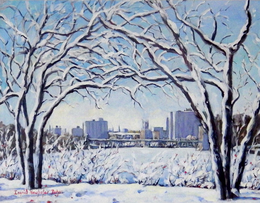 Rockford IL Winter Skyline Painting by Ingrid Dohm