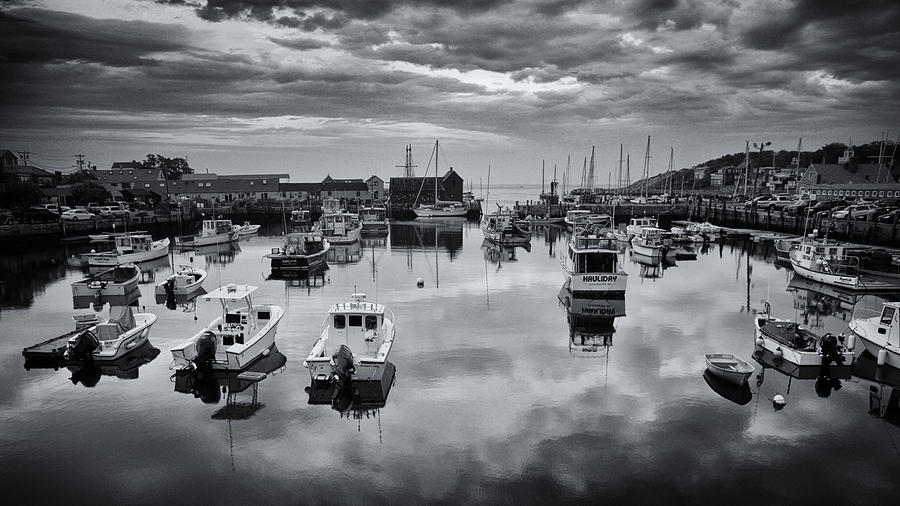 Boat Photograph - Rockport Harbor View - BW by Stephen Stookey