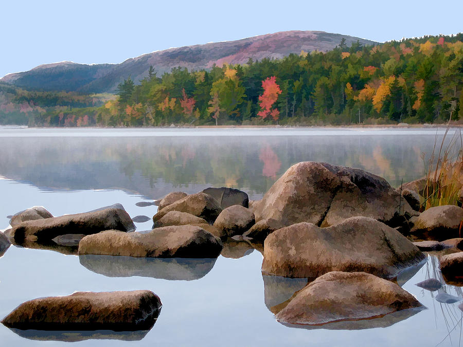 Rocks and Reflections Eagle Lake in Acadia National Park Maine Painting by Elaine Plesser