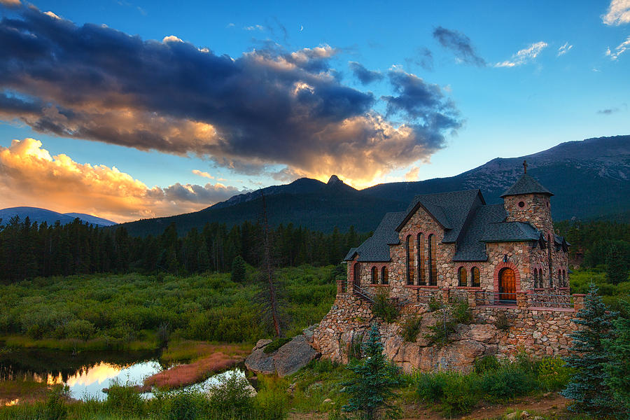 Sunset Photograph - Rocky Mountain Stone Church by Darren White