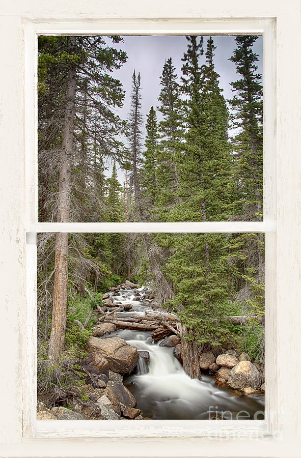 Rocky Mountain Stream View Through White Rustic Window Photograph by James BO Insogna