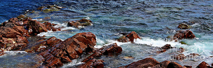 Boat Photograph - Rocky Shoreline - Coast -  Painterly Effects -  Panorama by Barbara A Griffin