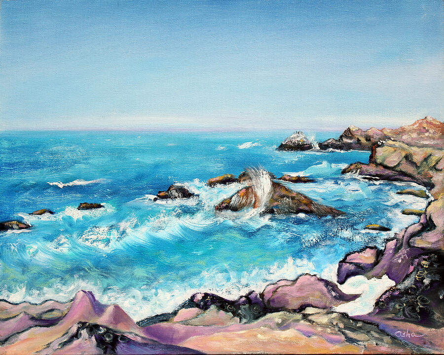 Rocky Sonoma Shore and Crashing Waves Painting by Asha Carolyn Young