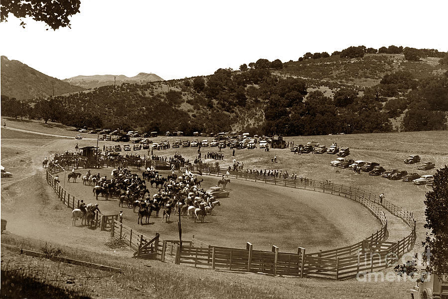 Rodeo Photograph - Rodeo arena at the historic Holman Ranch in Carmel Valley Circa 1955 by Monterey County Historical Society