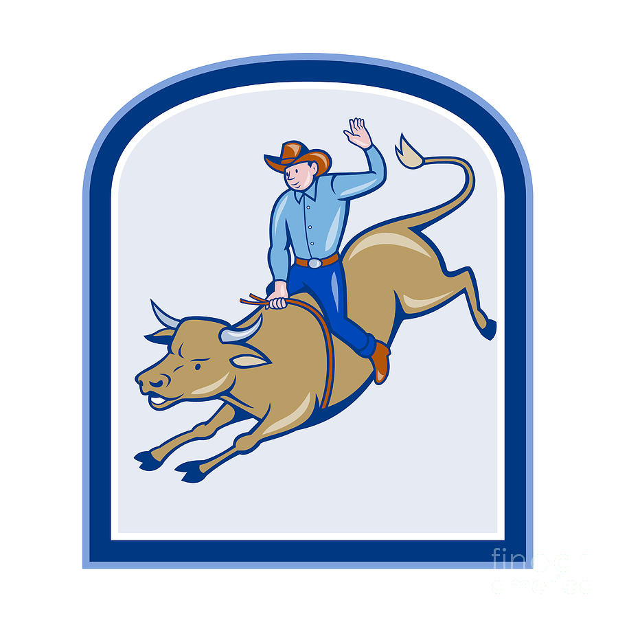 Bull Digital Art - Rodeo Cowboy Bull Riding Cartoon by Aloysius Patrimonio
