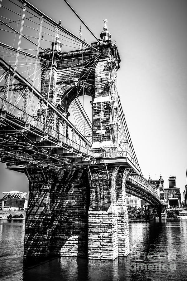 Roebling Bridge Cincinnati Black and White Picture Photograph by Paul Velgos