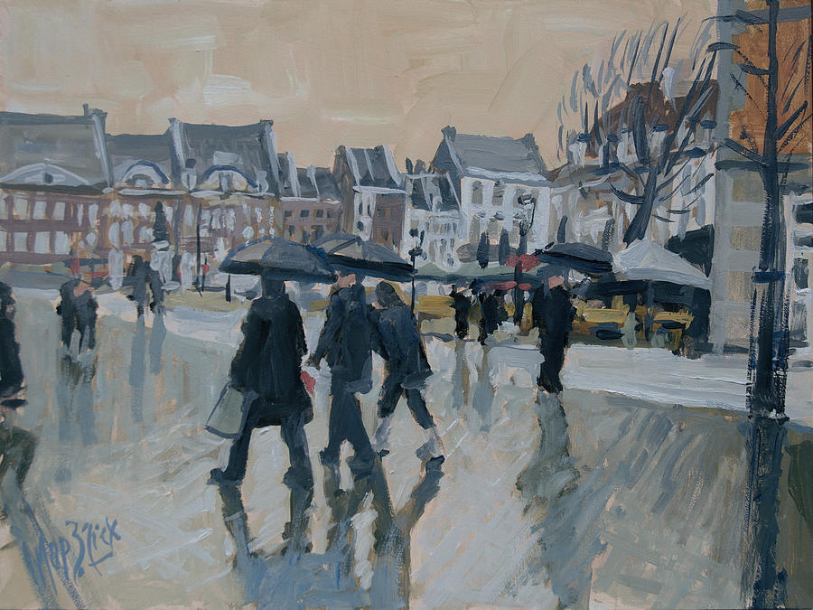 Rain on the Market Square in Maastricht Painting by Nop Briex