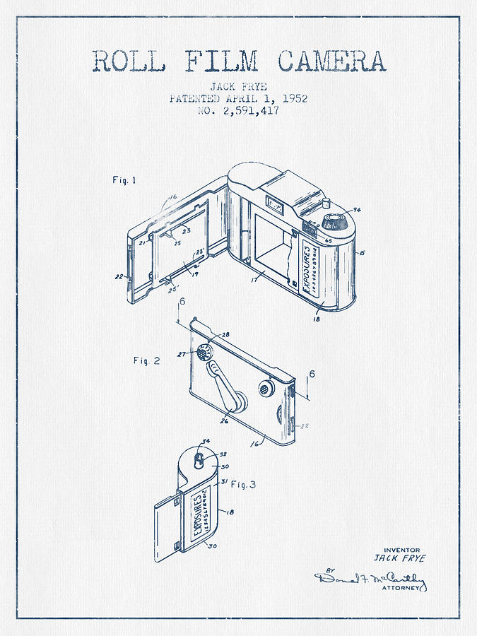 Roll Film Camera Patent From 1952- Blue Ink Digital Art