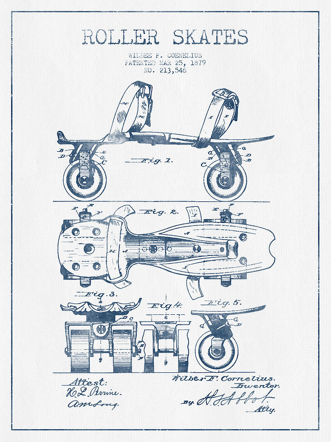 Vintage Digital Art - Roller Skate Patent Drawing from 1879  - Blue Ink by Aged Pixel