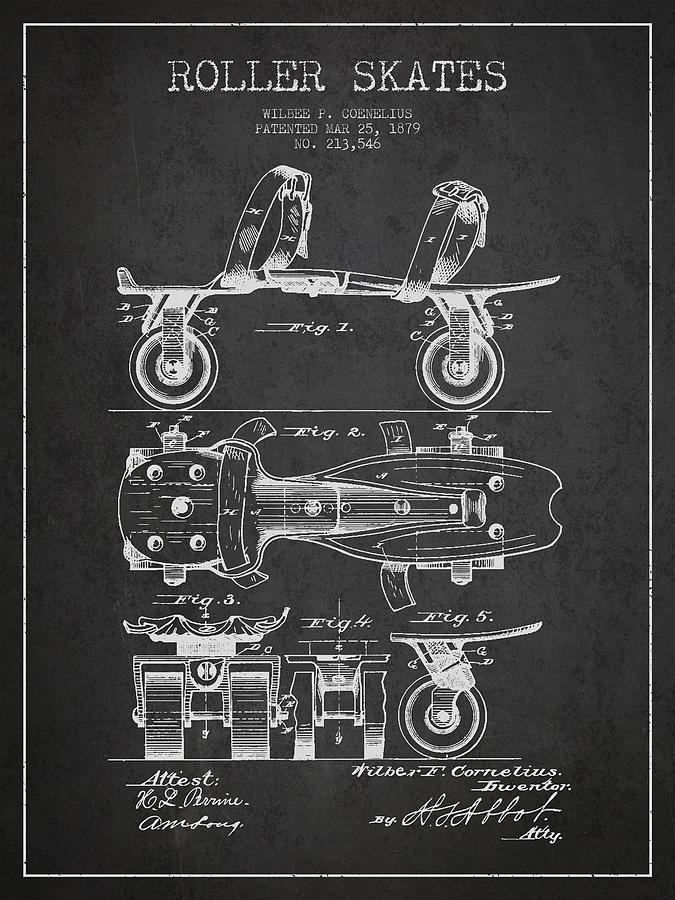 Vintage Digital Art - Roller Skate Patent Drawing from 1879 - Dark by Aged Pixel