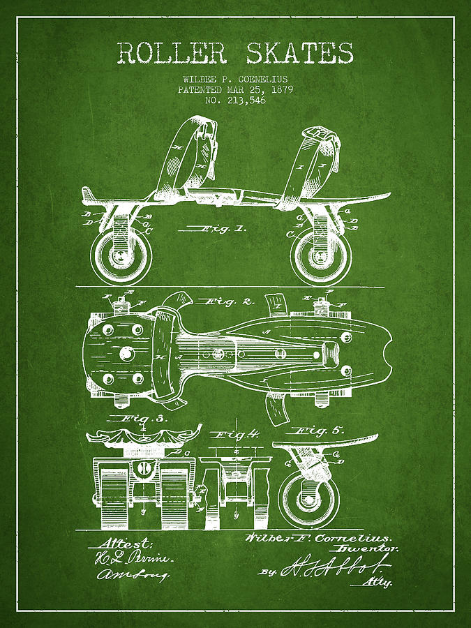 Vintage Digital Art - Roller Skate Patent Drawing from 1879 - Green by Aged Pixel