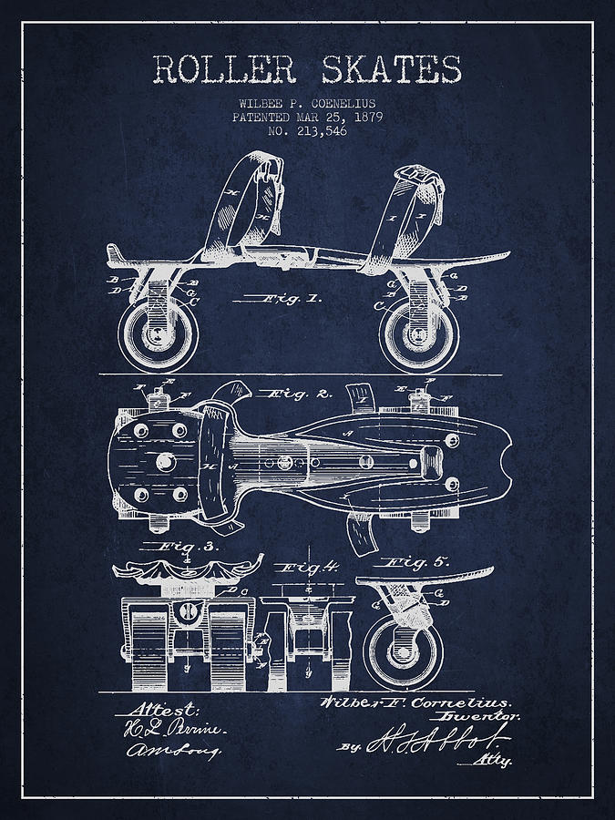 Vintage Digital Art - Roller Skate Patent Drawing from 1879 - Navy Blue by Aged Pixel