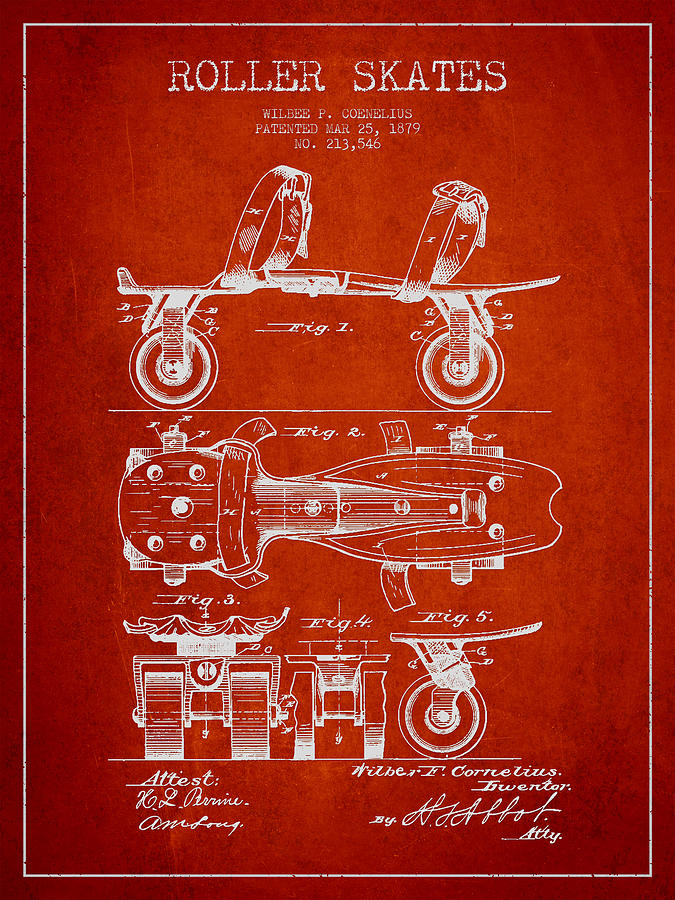 Vintage Digital Art - Roller Skate Patent Drawing from 1879 - Red by Aged Pixel