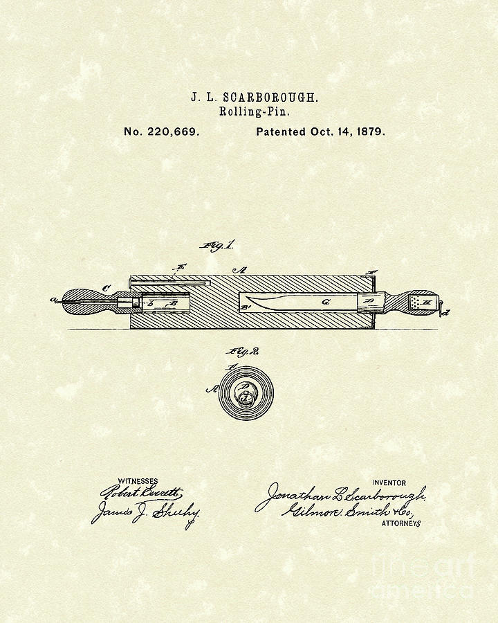 Rolling Pin 1879 Patent Art Drawing by Prior Art Design