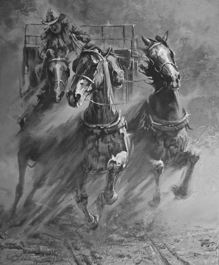 Horse Painting - Rolling Thunder BW by Mia DeLode