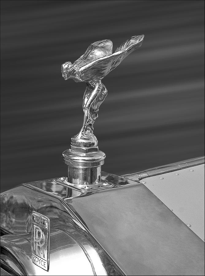 Black And White Photograph - Rolls Royce Spirit of Ecstacy Hood Ornament in Silver by Ginger Wakem
