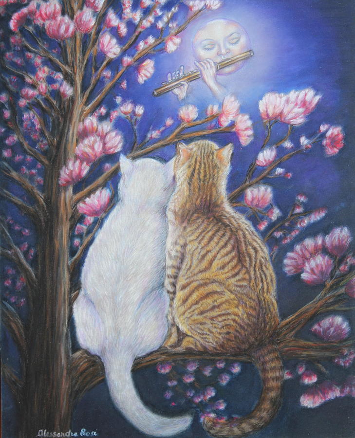 Moonlit Serenade at the Riverside Cottage, Cat Art, All Purpose