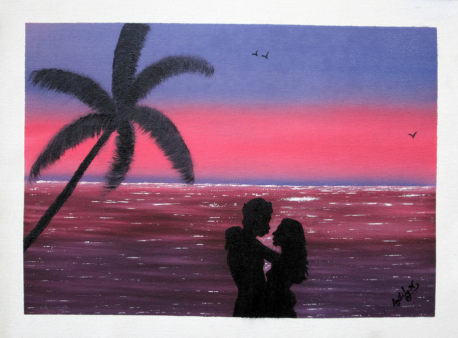 Seascape. Painting - Romantic Couple At Sunset by Ambily N