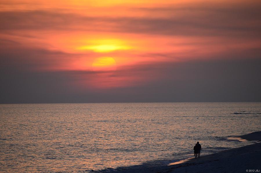 Romantic Couple Silhouette On Navarre Beach At Sunset Photograp