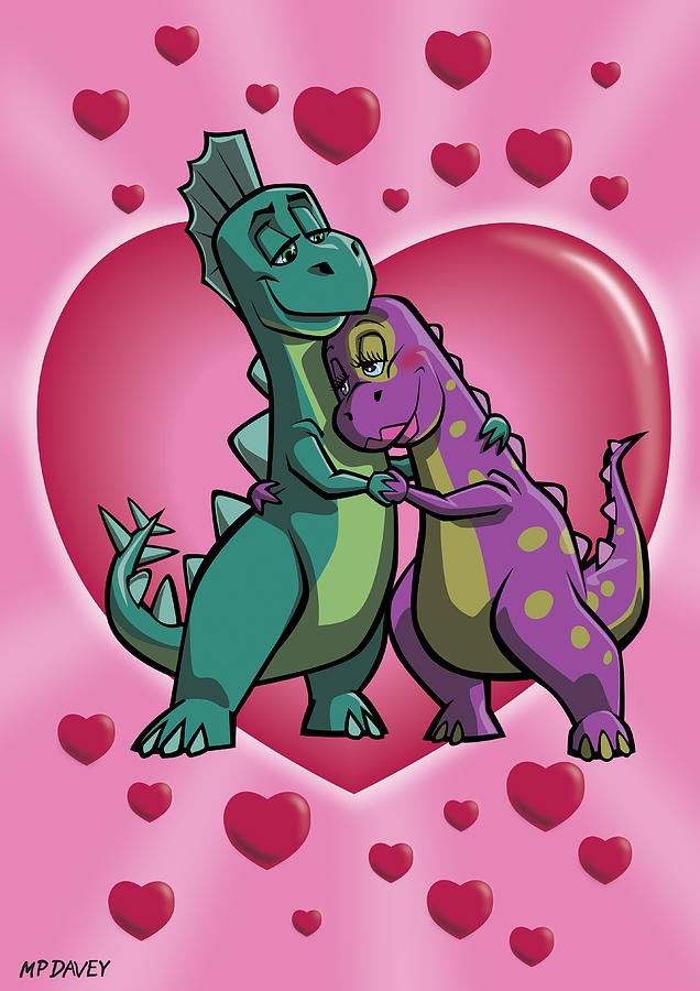 Prehistoric Digital Art - Romantic Dinosaurs in Love by Martin Davey