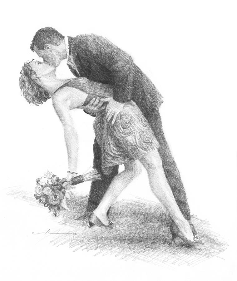 Romantic Kiss Newlyweds Pencil Portrait Drawing by Mike Theuer