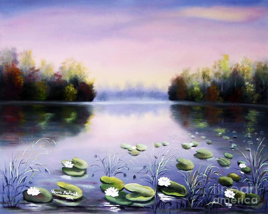Sunset Painting - Romantic Lake by Vesna Martinjak