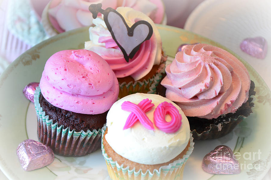 Romantic Shabby Chic Valentine Heart Pink Cupcakes - Dreamy Cupcakes Kitchen Art  Photograph by Kathy Fornal
