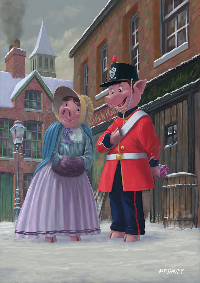 Christmas Painting - Romantic Victorian Pigs In Snowy Street by Martin Davey