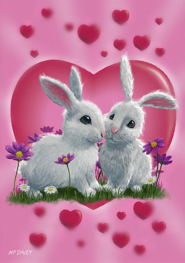 Romantic White Rabbits with Heart Digital Art by Martin Davey