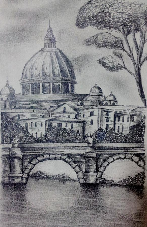 Rome Sketch - Before Coffee Wash Drawing by Vikas Patel