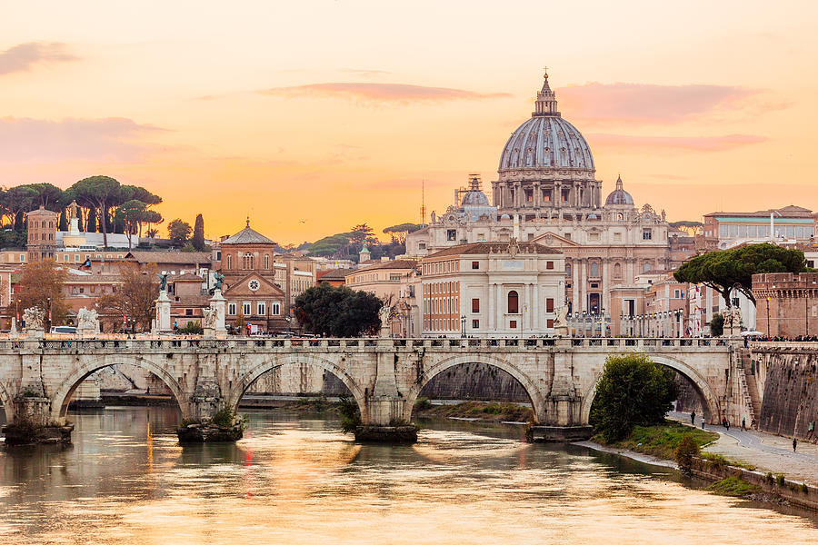 Rome skyline at sunset with Tiber river and St. Peters Basilica, Italy Photograph by Alexander Spatari