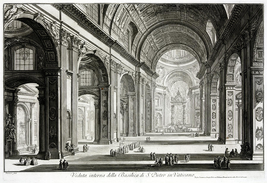 Interior of Saint Peters Basilica in Rome Drawing by Granger