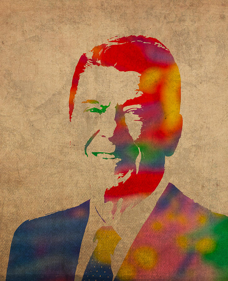 Ronald Reagan Watercolor Portrait on Worn Distressed Canvas Mixed Media by Design Turnpike