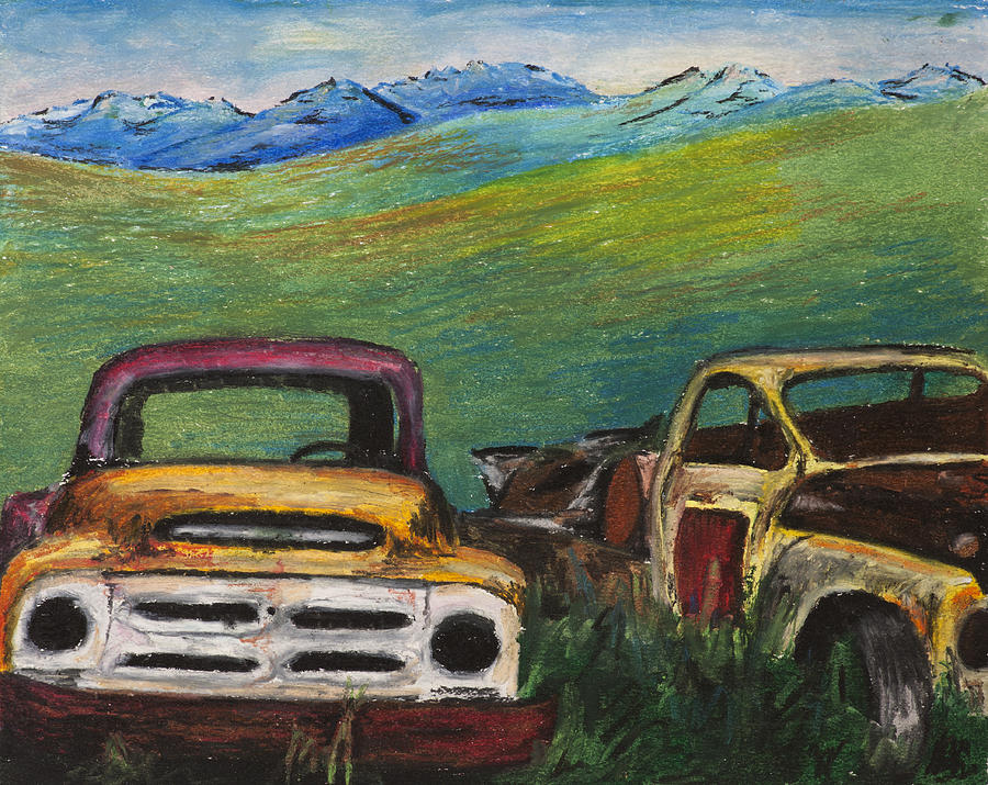 Rons Trucks visit the Yukon River Painting by Carolyn Doe