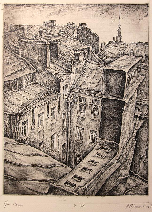 Etching Drawing - Roofs of St.Petersburg by Leonid Stroganov 