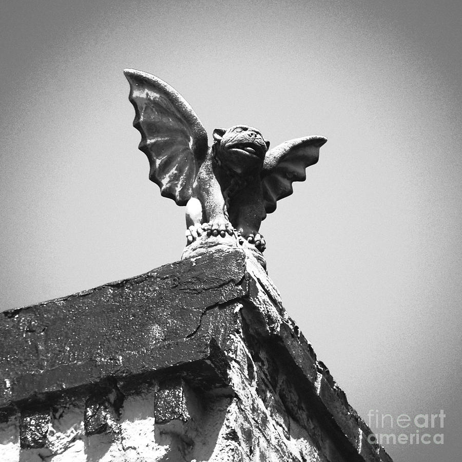 Rooftop Gothic Gargoyle Statue above French Quarter New Orleans Black White Film Grain Digital Art Photograph by Shawn OBrien